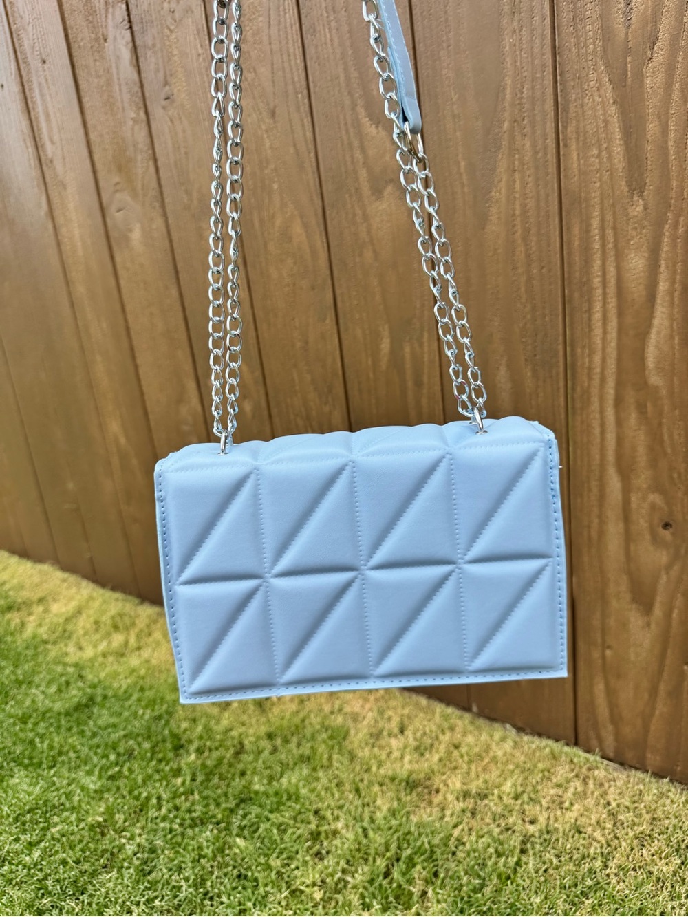Quilted Light Blue Chain Strap Crossbody Bag